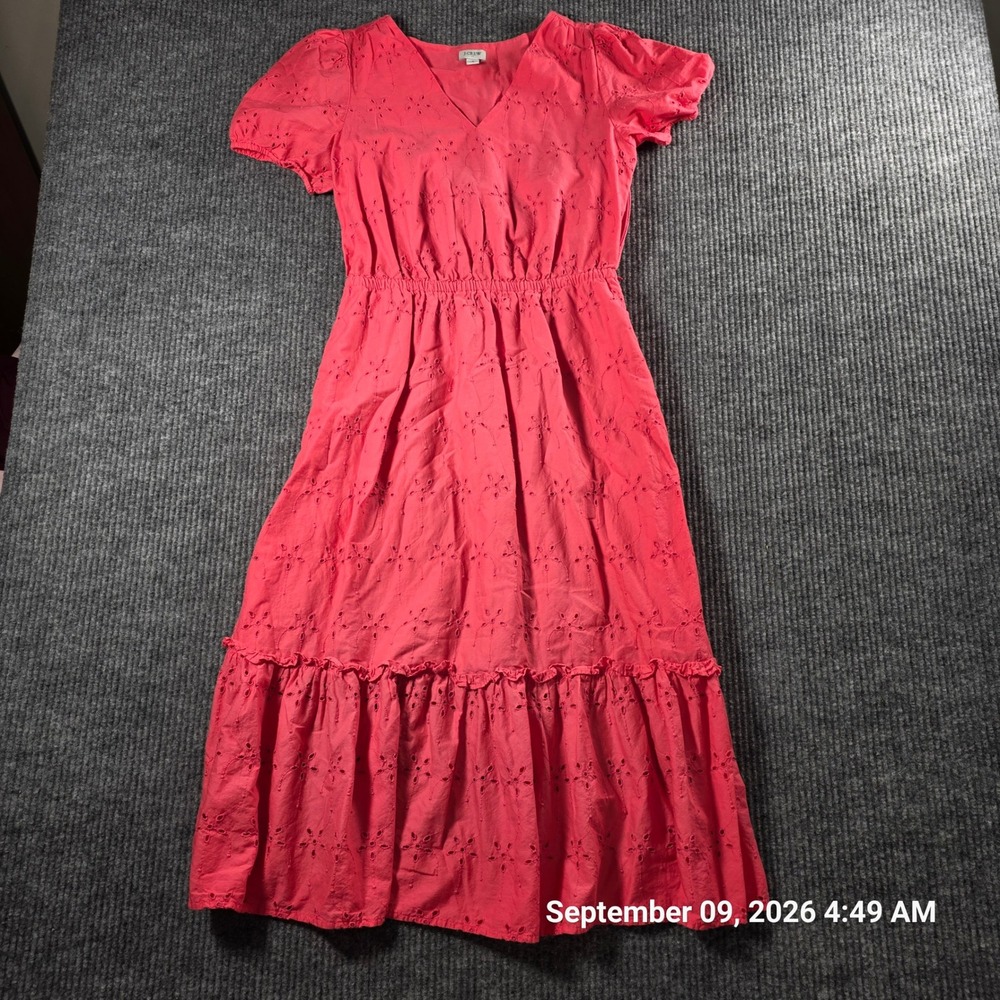 J.Crew Pink Eyelet Midi Dress V-Neck Short Puff Sleeve Tiered Cotton Coral 4